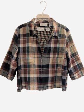 Lemon Grass Women's Vintage Cropped Plaid Zip Jacket with Detachable Tank Size L